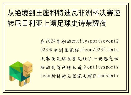从绝境到王座科特迪瓦非洲杯决赛逆转尼日利亚上演足球史诗荣耀夜